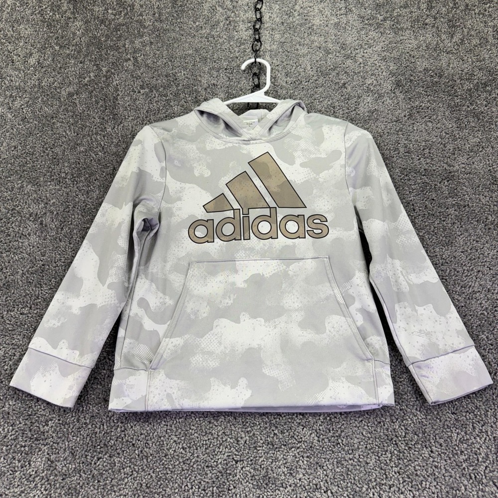 Adidas Hoodie Kids 8 Gray Camo Fleece Pullover Logo Kangaroo Pocket Casual